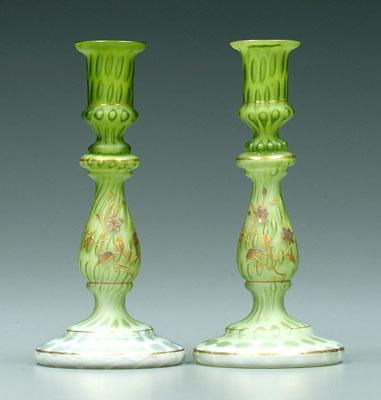 Appraisal: Pair mother-of-pearl candlesticks satin finish green with white interiors raindrop