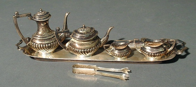 Appraisal: Miniature English sterling tea service- tray x coffeepot h teapot