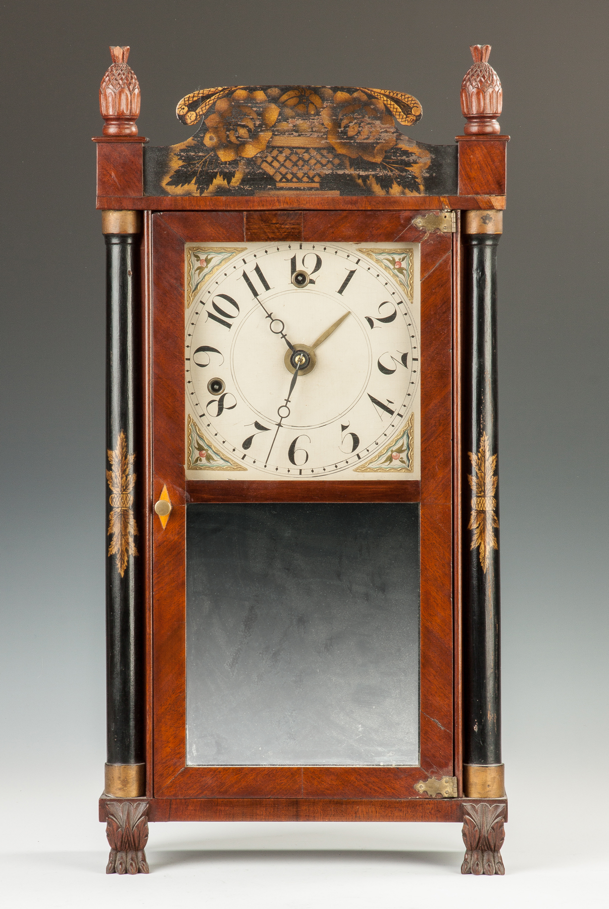 Appraisal: Silas Hoadley Miniature Shelf Clock Mahogany case carved paw feet