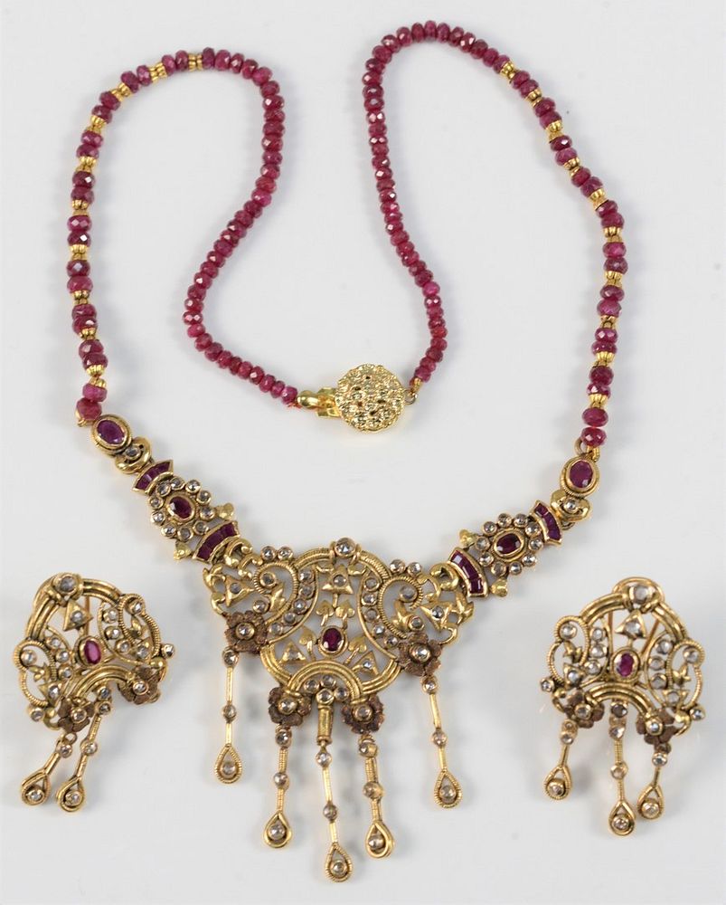 Appraisal: Three Piece Karat Gold Necklace and Earrings set with rubies