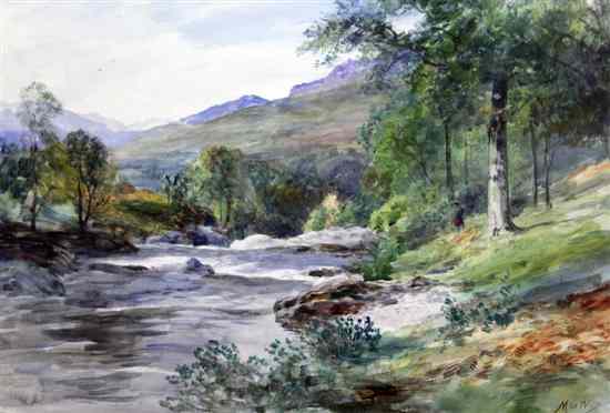 Appraisal: John McWhirter - watercolour Angler in a Scottish valley x