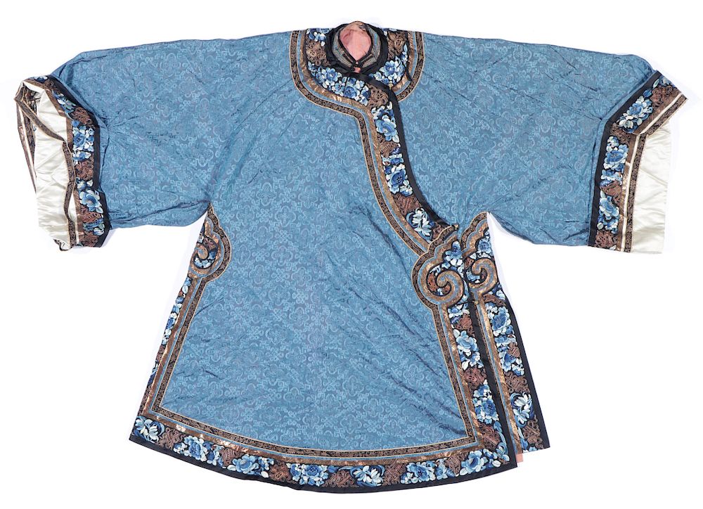 Appraisal: Antique Chinese Blue Embroidered Silk Robe Antique Chinese Blue Embroidered