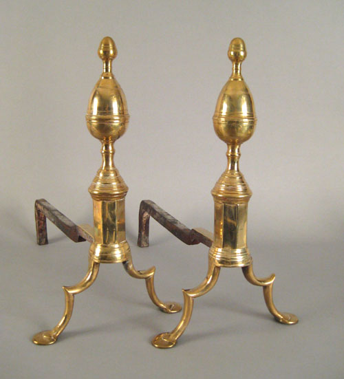 Appraisal: Pair of brass acorn top andirons ca each having a