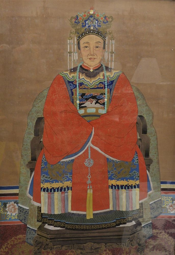 Appraisal: Large Chinese Ancestral Portrait seated scholar figure wearing a red