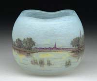 Appraisal: DAUM ENAMELED PILLOW VASE Church and village enameled scenic with