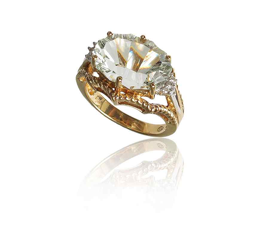 Appraisal: FANTASY CUT GREEN AMETHYST AND DIAMOND RING K yellow gold