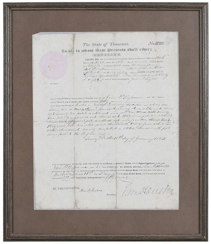 Appraisal: Sam Houston Signed Land Grant s document granting acres in