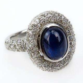 Appraisal: Italian Cabochon Sapphire Pave Set Diamond and Karat White Gold