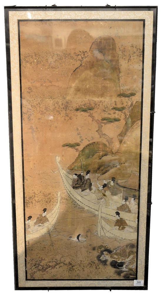 Appraisal: Japanese Framed Scroll Painting having a mountain landscape boats a