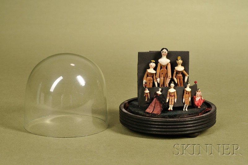 Appraisal: Eight Small Peg Wood Dolls in Dome Grodnertal Austria c