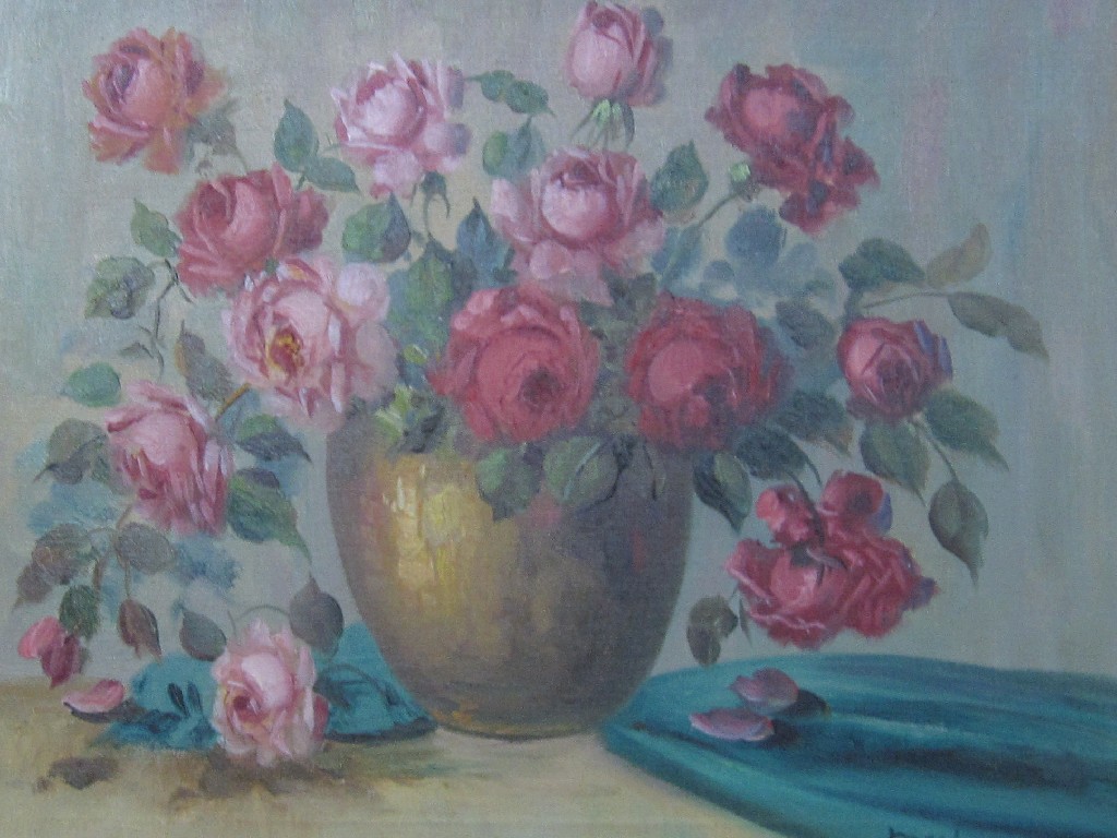 Appraisal: Oil on canvas 'Roses' indistinctly signed