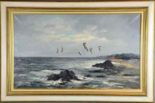 Appraisal: Bevort Seascape Oil Painting On CanvasDepicting waterfowl flying across a