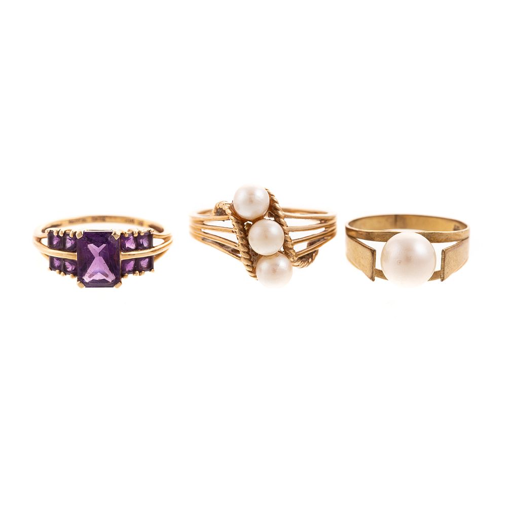 Appraisal: A Trio of Pearl Amethyst Rings in Gold K yellow