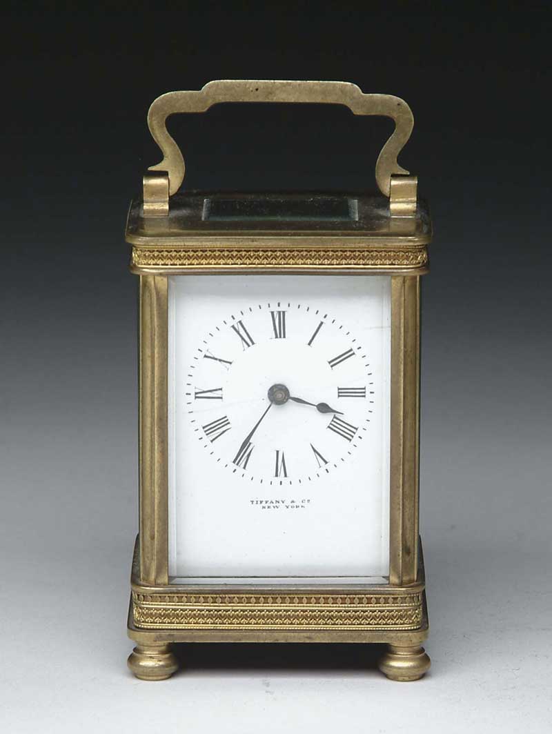 Appraisal: ANTIQUE TIFFANY COMPANY NY GILT BRASS CARRIAGE CLOCK Small glass-sided