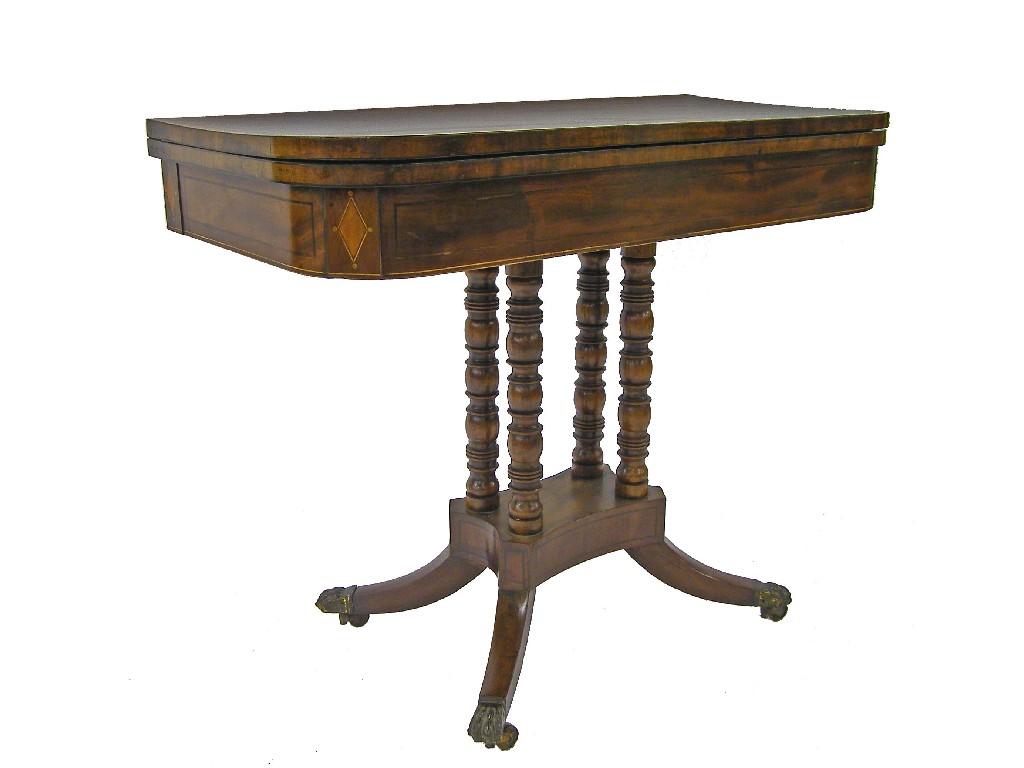 Appraisal: Regency foldover mahogany card table the top with satinwood crossbanding