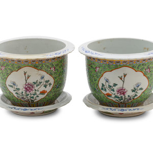 Appraisal: A Pair of Apple Green Ground Famille Rose Flower Pots