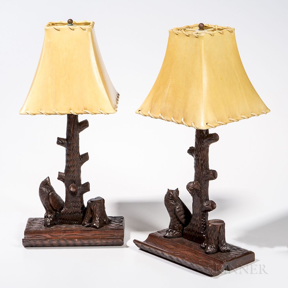 Appraisal: Pair of Carved Walnut Owl Lamps with Shades Pair of