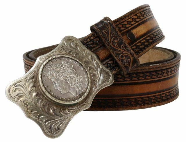 Appraisal: Western tooled leather belt Tony Lama marked size with Silver