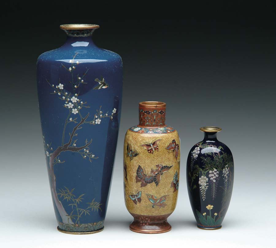 Appraisal: THREE JAPANESE CLOISONNE ENAMEL VASES - in tapered vase with