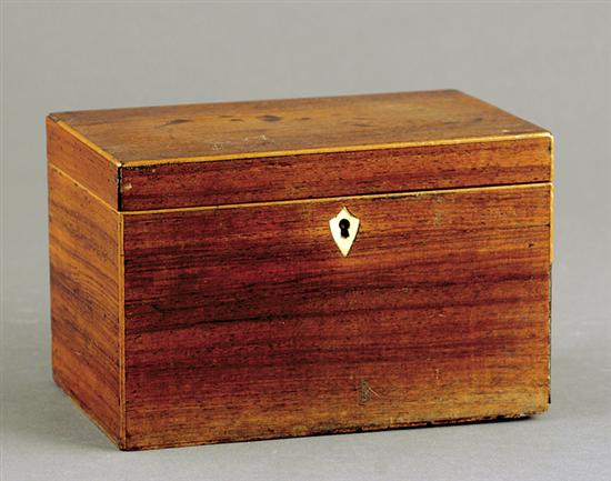 Appraisal: English mahogany tea caddy late th centuryhinged lid opening to