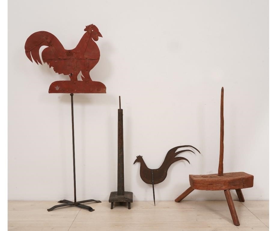 Appraisal: Two sheet metal roosters h x w a primitive stool