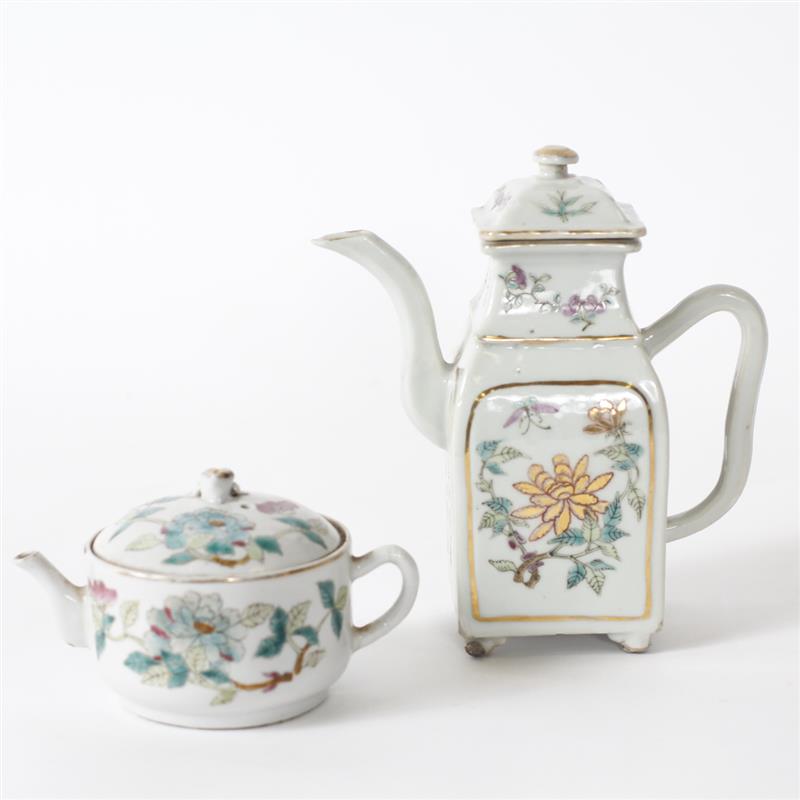 Appraisal: Two Antique Chinese Porcelain Famille Rose Hand-Painted Teapots H x