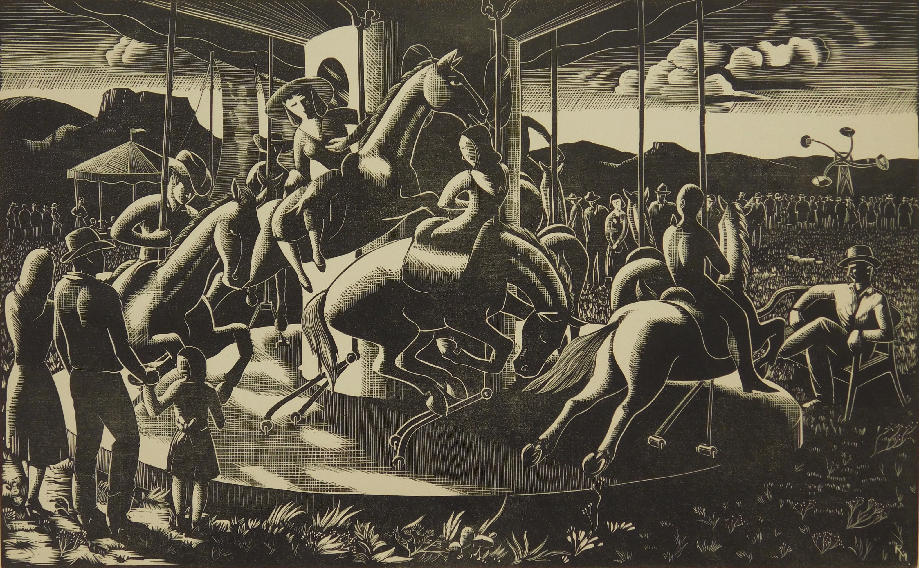 Appraisal: Roderick Meade - Carnival on The Plains''- wood engraving signed