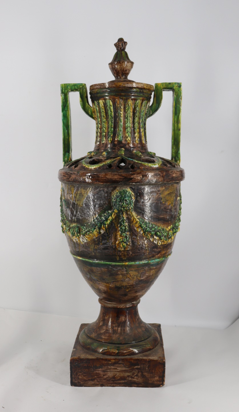 Appraisal: MONUMENTAL MAJOLICA GLAZED TERRACOTTA LIDDED URN Huge Great quality and