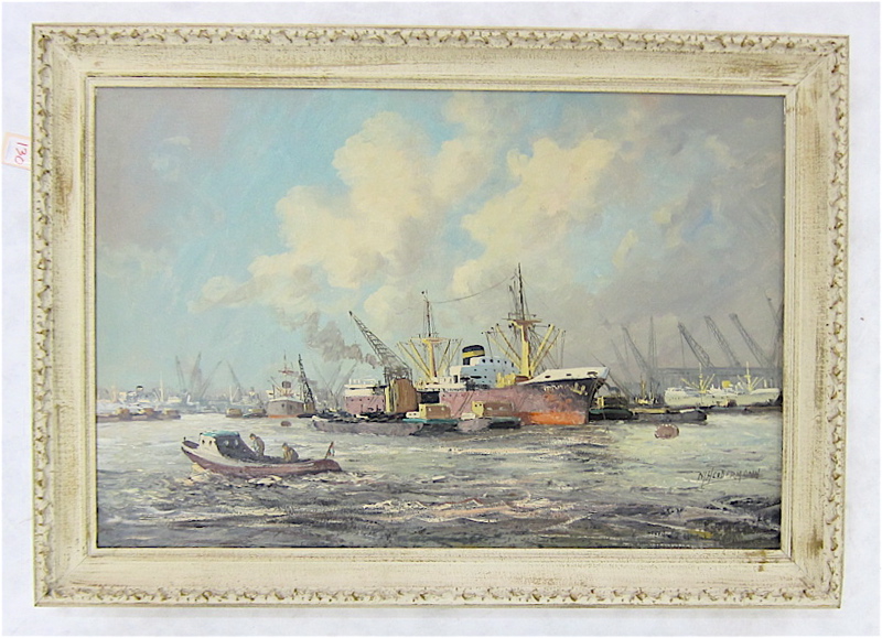 Appraisal: M HEADERMANN OIL ON CANVAS American th century Busy harbour