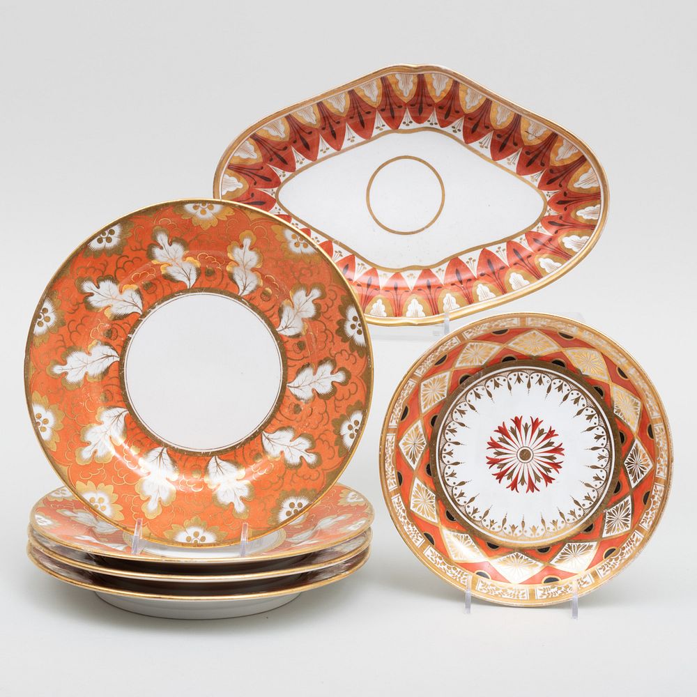 Appraisal: Group of English Iron Red Ground Gilt-Decorated Porcelain Wares Comprising