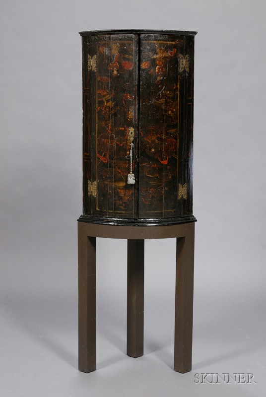 Appraisal: Georgian-style Black and Polychrome Lacquered Corner Cupboard on Later Stand