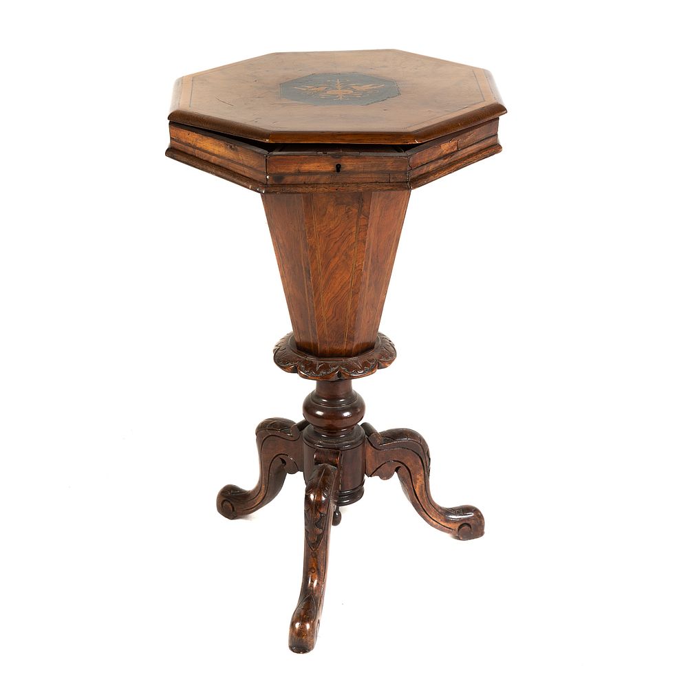 Appraisal: Victorian Walnut Sewing Stand Circa hinged bird inlaid burlwood octagonal