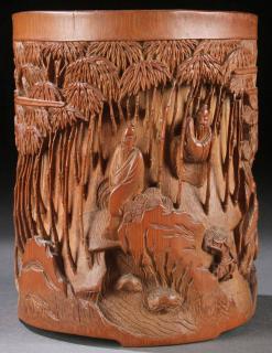 Appraisal: CHINESE CARVED BAMBOO BRUSHPOT A VERY WELL CARVED CHINESE BAMBOO