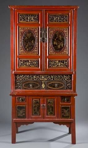 Appraisal: Asian red lacquered cabinet on stand An Asian red lacquered