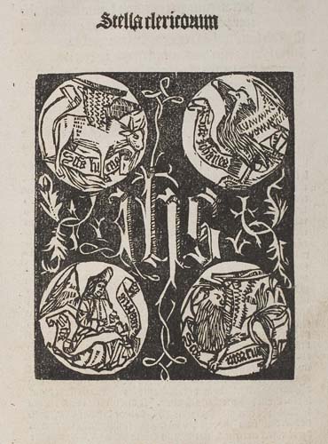 Appraisal: STELLA CLERICORUM Large white-on-black title woodcut of holy monogram surrounded