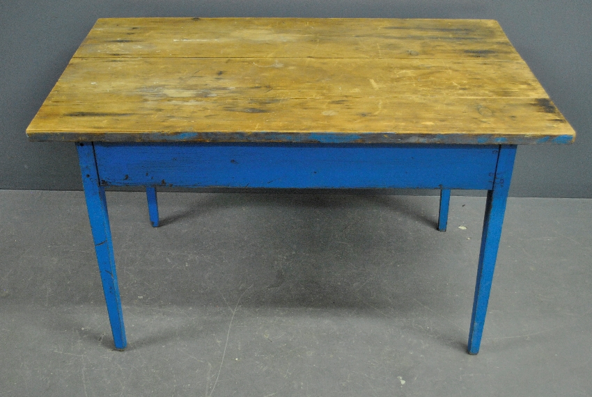 Appraisal: - Pine farm table th c with blue paint two-board