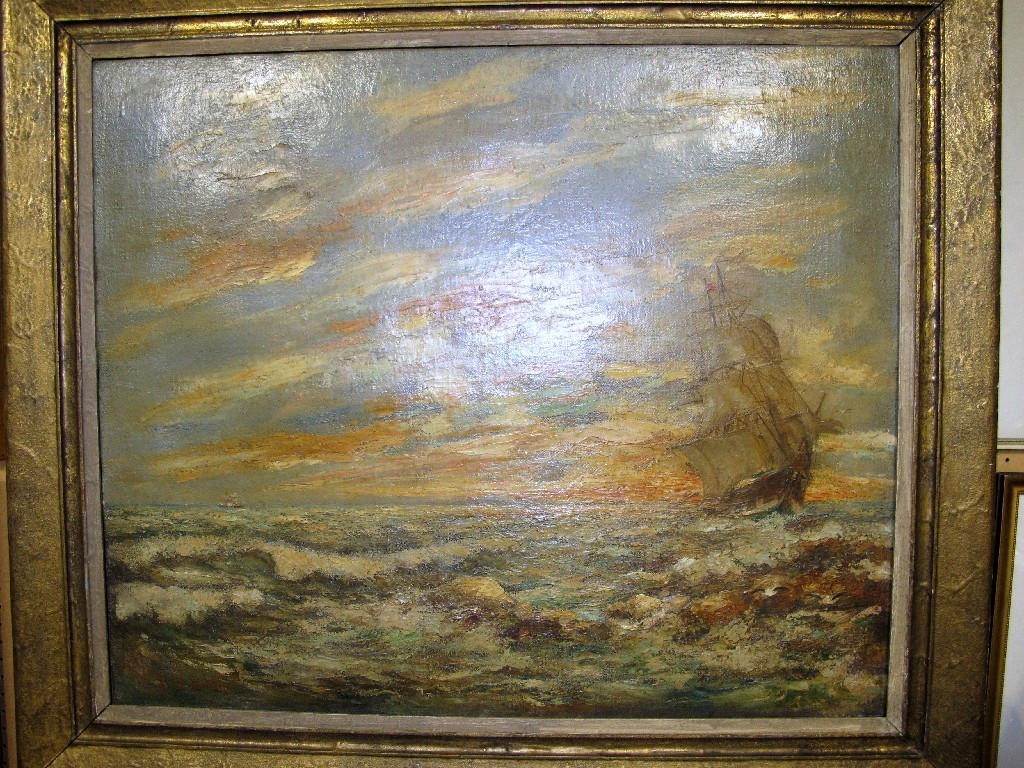 Appraisal: T B SMITH Oil on canvas seascape with a square-rigged