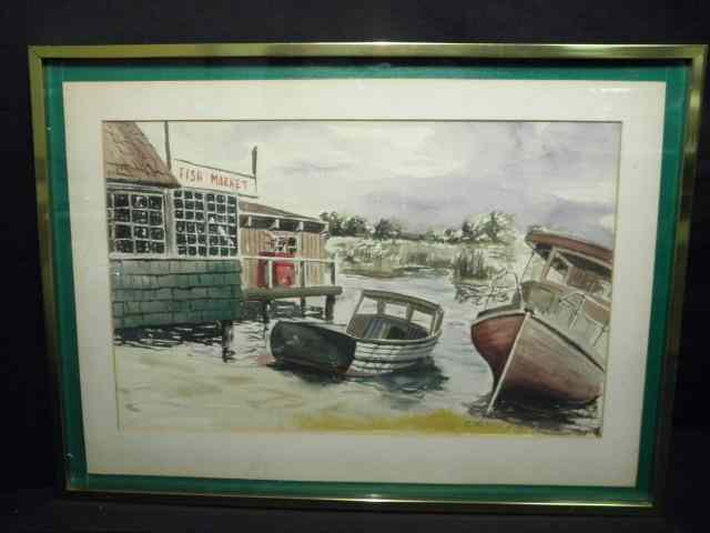 Appraisal: Framed watercolor painting Depicts a fish market with boats ashore