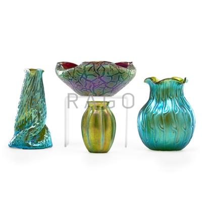 Appraisal: LOETZ Attr Three iridescent glass vases and a low bowl