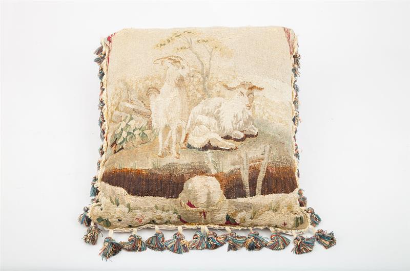 Appraisal: Aubusson Tapestry Figural Pillow Worked with two goats x in