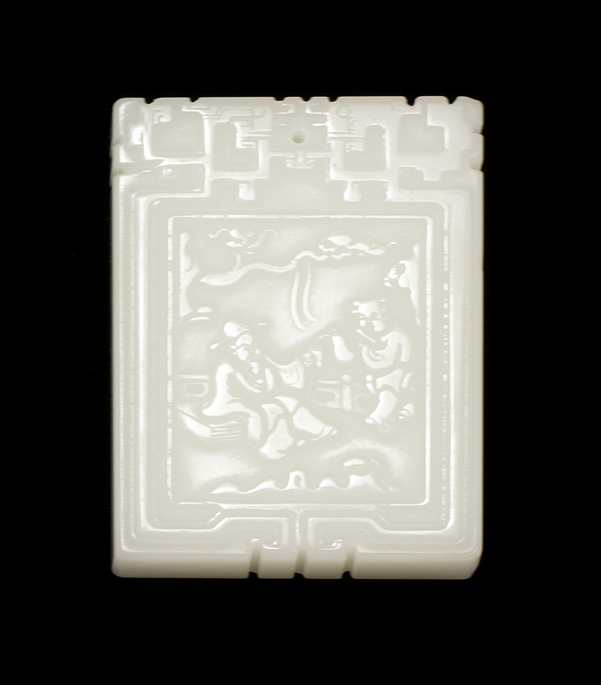 Appraisal: WHITE JADE PLAQUE In rectangular form with raised figural landscape