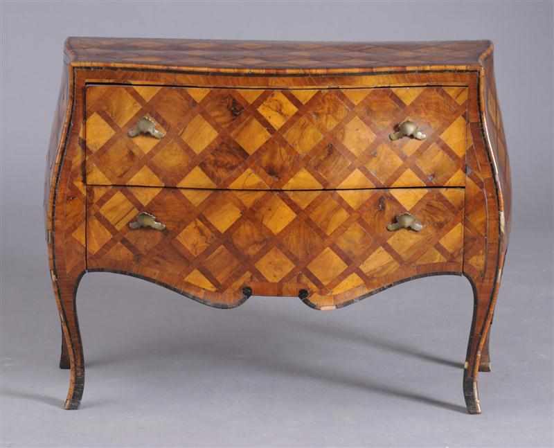 Appraisal: ROCOCO STYLE PARQUETRY COMMODE POSSIBLY GERMAN Of serpentine outline and