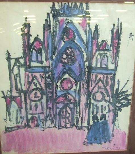 Appraisal: R Plumber th century Figures outside a cathedral gouache cm