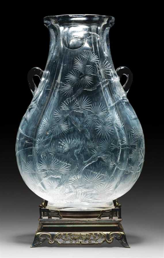 Appraisal: A GLASS VASE IMITATING ROCK CYSTAL WITH PINE AND CRANE