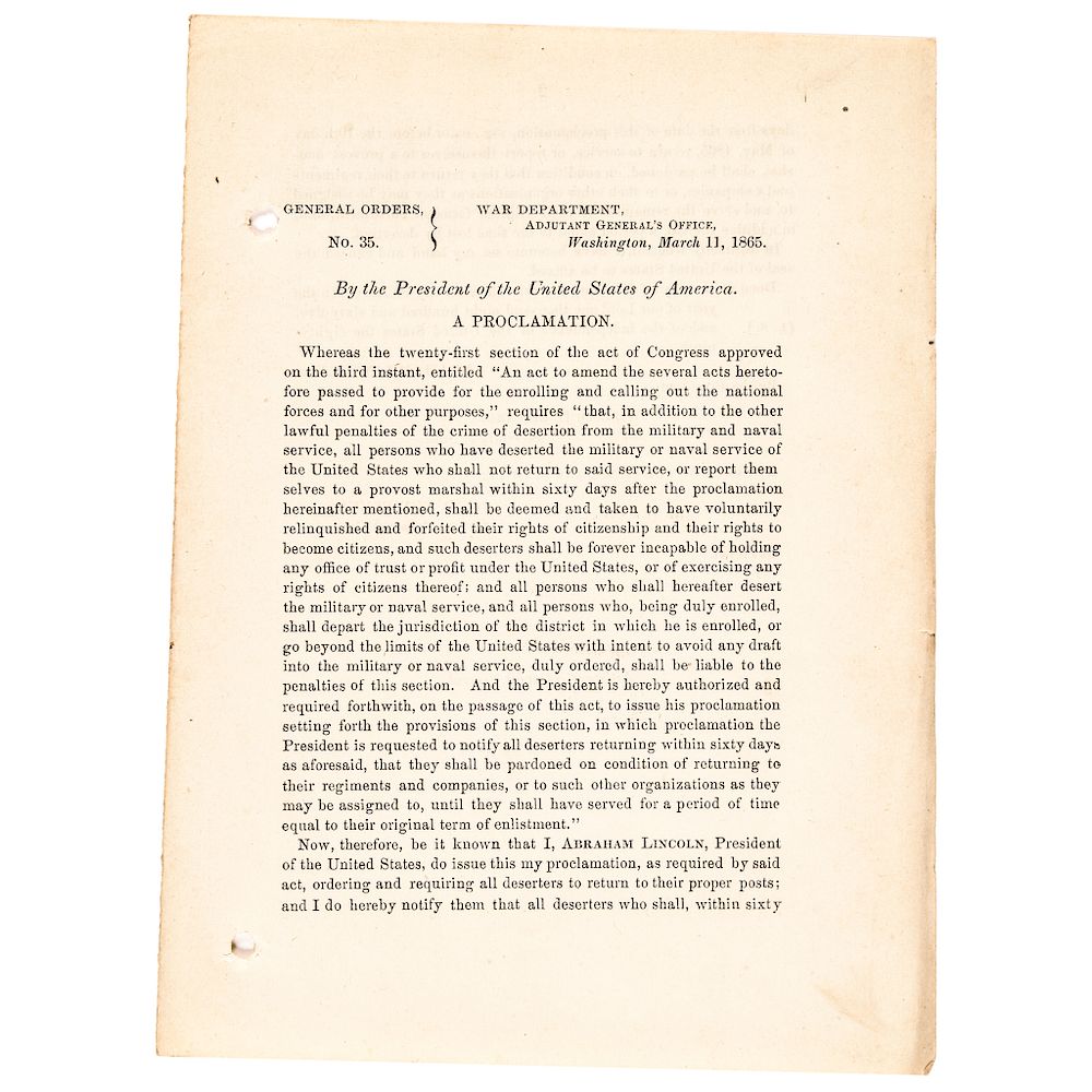 Appraisal: ABRAHAM LINCOLN Civil War Army Order Regarding Pardoning Deserters Abraham