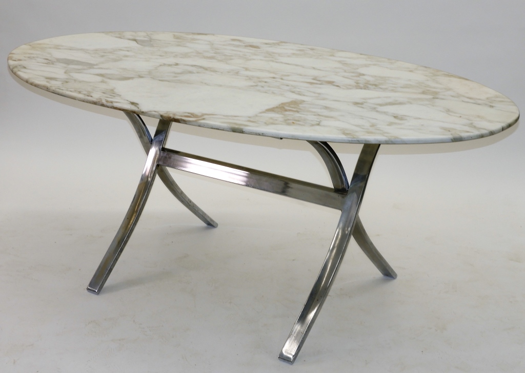 Appraisal: AMERICAN MODERNIST CHROME SAWBUCK MARBLE TABLE United States th CenturyTubular