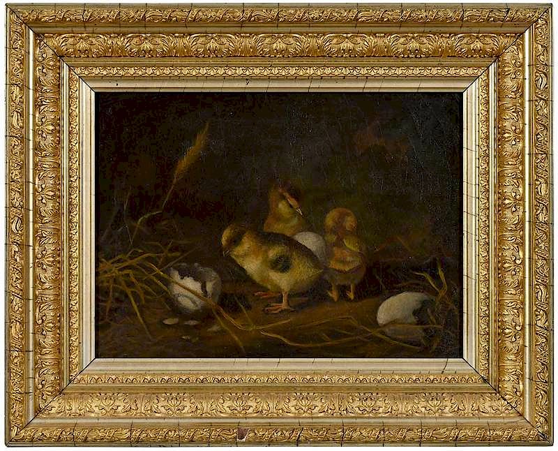 Appraisal: American School th early th century Three Chicks unsigned oil