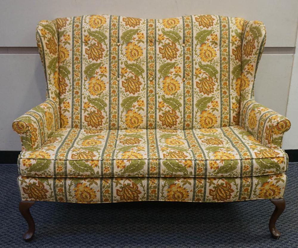 Appraisal: QUEEN ANNE STYLE FRUITWOOD AND UPHOLSTERED SETTEE X IN X