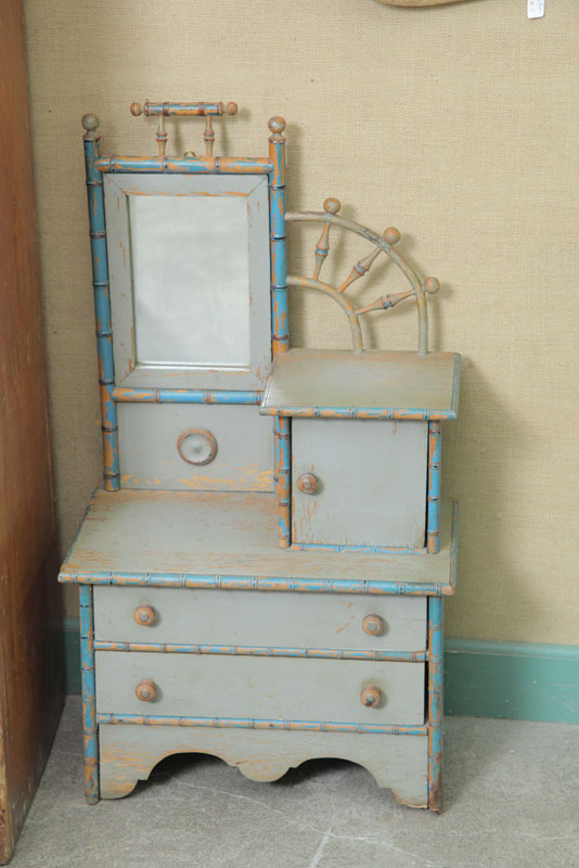 Appraisal: CHILD'S DRESSER Blue and gray paint decorated chest with stick