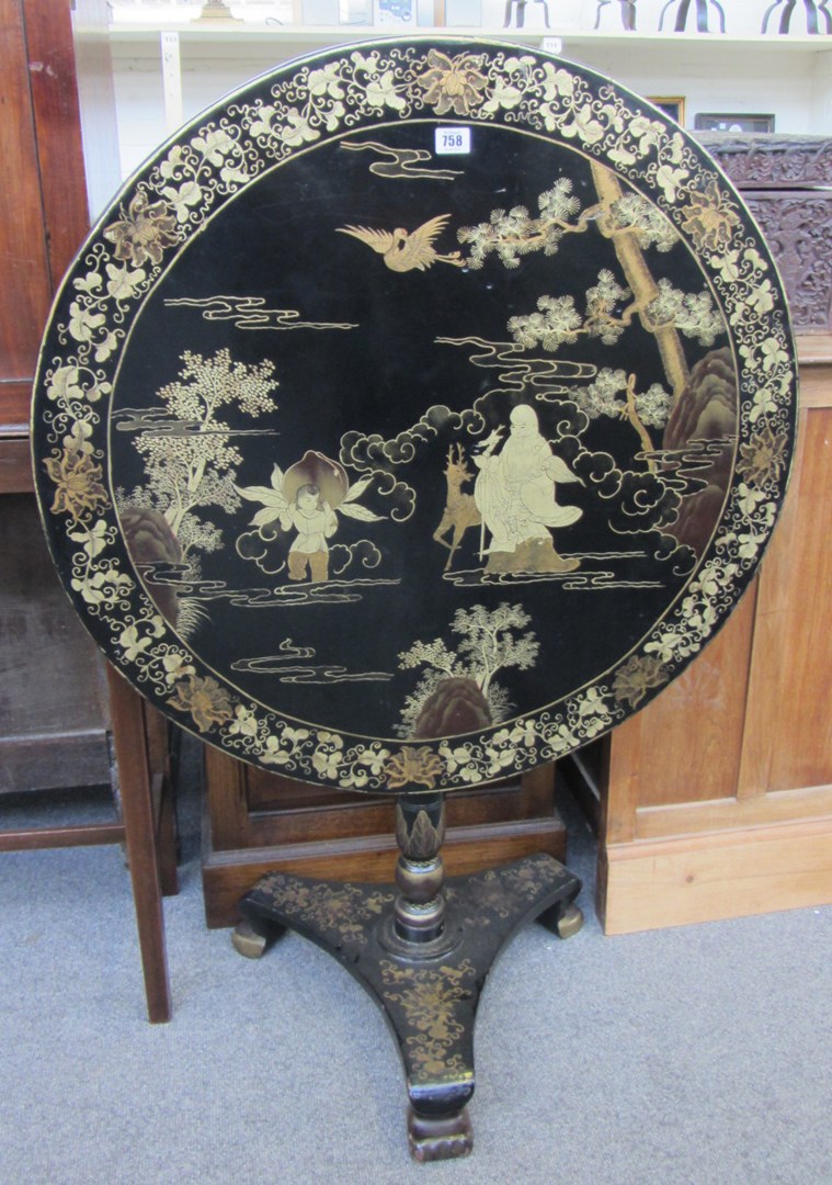 Appraisal: A th century black lacquer chinoiserie decorated circular snap top